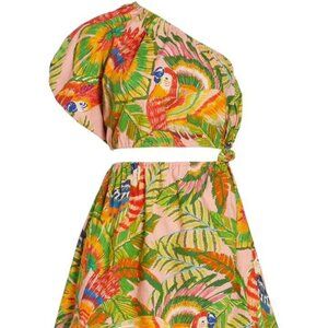 Farm Rio Macaw Leaves One-Shoulder Cut-Out Minidress.